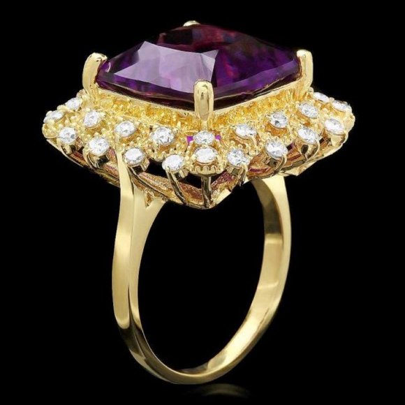 10.00 Ct Natural Amethyst & Diamond 14KY Gold Ring